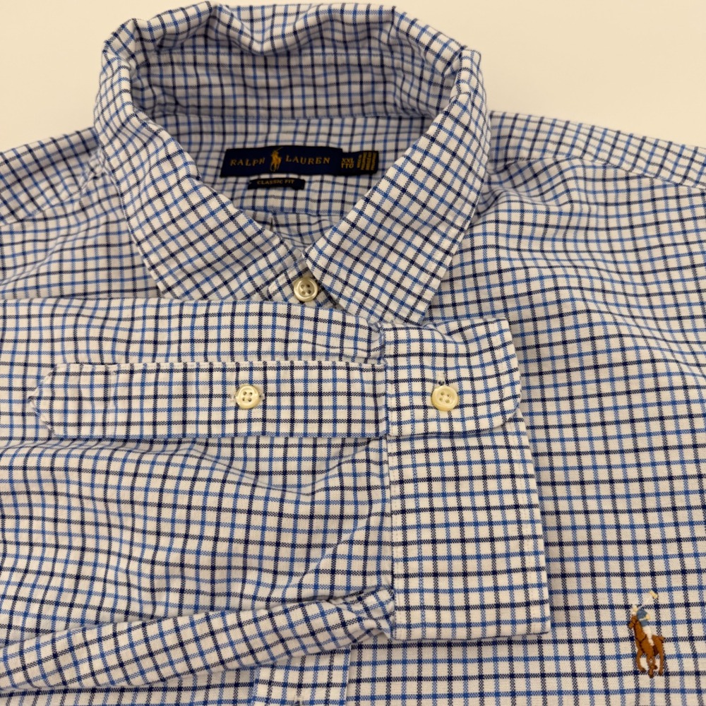 Ralph Lauren Button Down Mens XXL Blue White Tattersall Classic Fit Cotton Shirt
